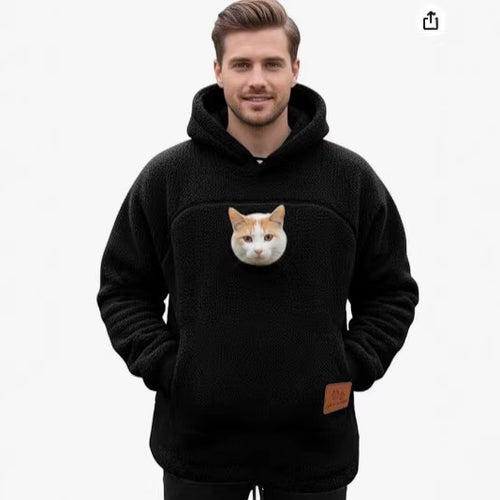 Black sherpa pet pouch hoodie with a cat peeking out of the front pouch