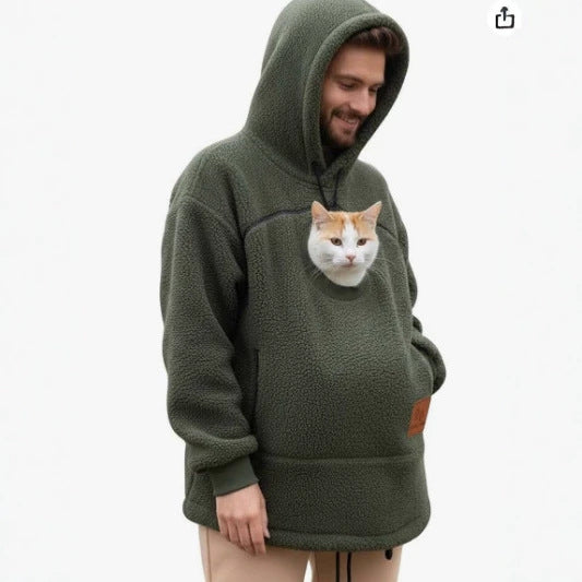Sage green sherpa pet pouch hoodie with cat in pouch, hood up