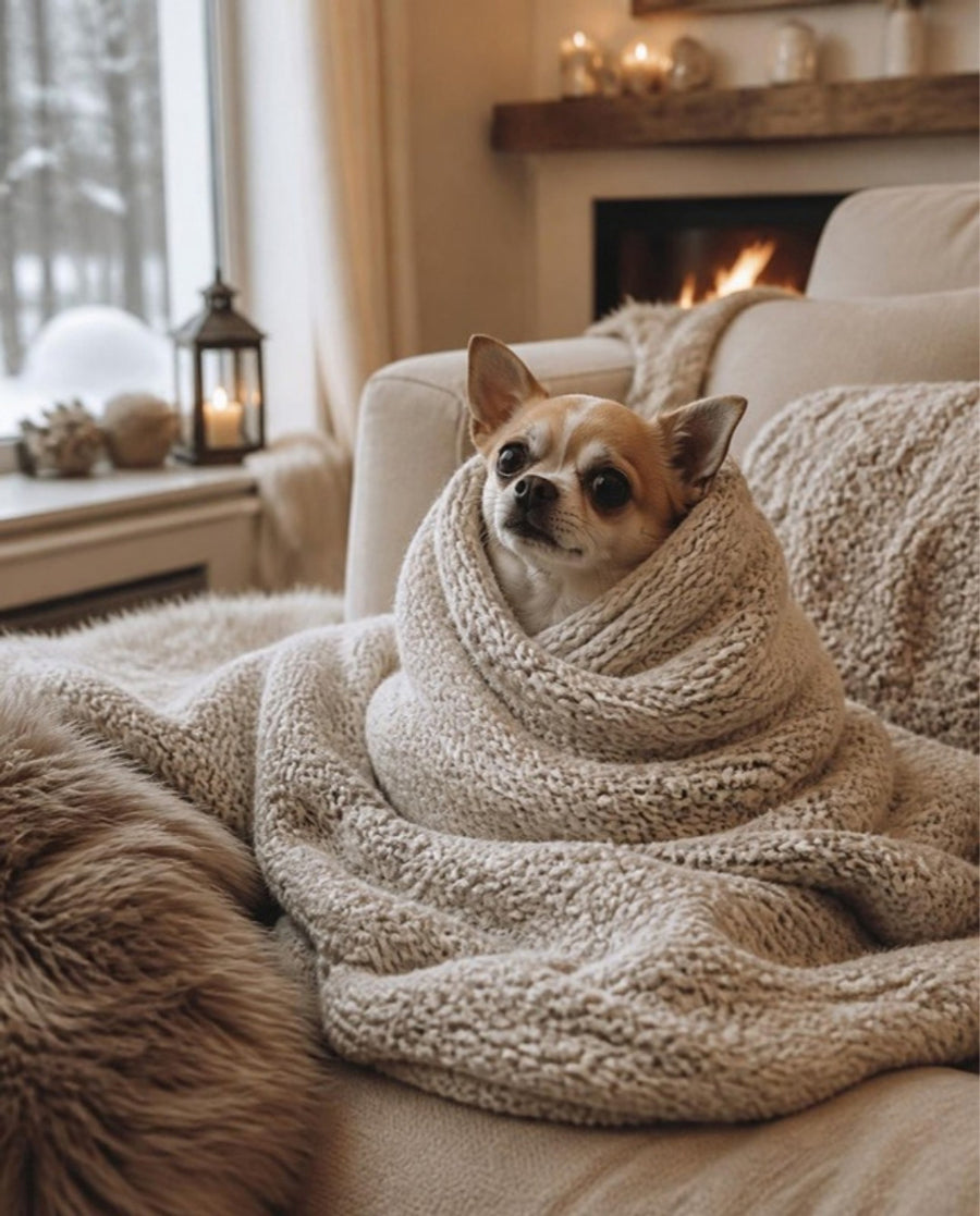Small dog shivering under a blanket